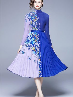 Two-Piece Fashion Suit with Ocean Print and Triple House Pleats