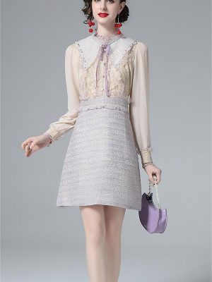 Mesh Heavy Industry Embroidery Bead Stitch Long Sleeve A-Line Dress