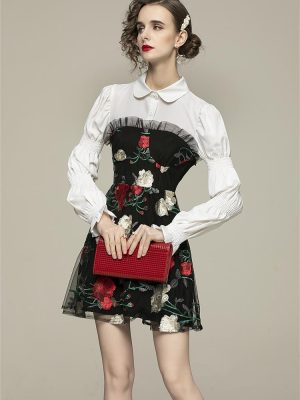 Chic Mesh Embroidery Dress with Baby Collar and Spliced Design