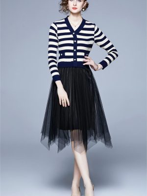 V Neck Stripe Knit Pattern Mesh Dress