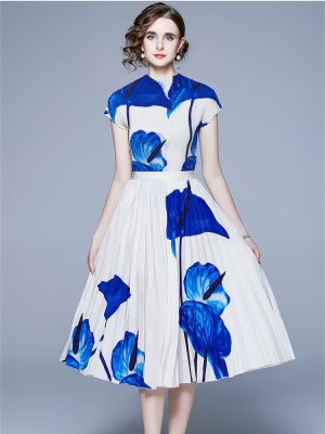 New Floral Print Pleated Fashion Dress Set Two Pieces