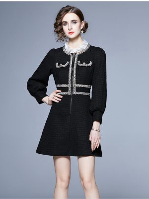 Tweed Lace Stand Collar Contrast Fleece Waist Slim Dress