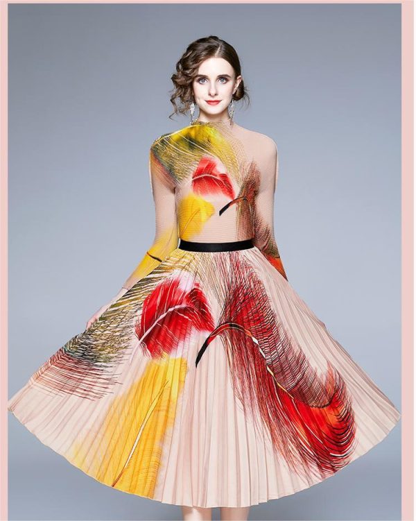 New Multicolor Printed Feather Pleated Skirt Set - Image 2