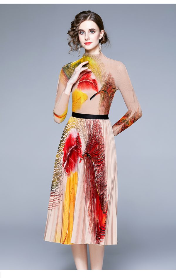 New Multicolor Printed Feather Pleated Skirt Set - Image 3