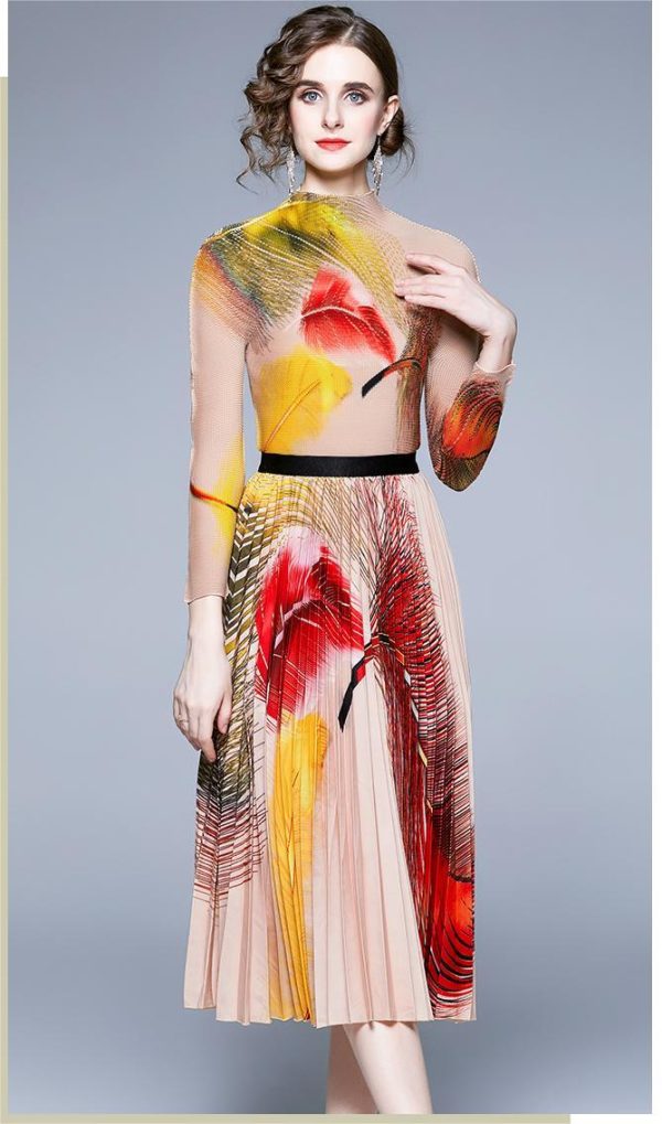 New Multicolor Printed Feather Pleated Skirt Set - Image 4