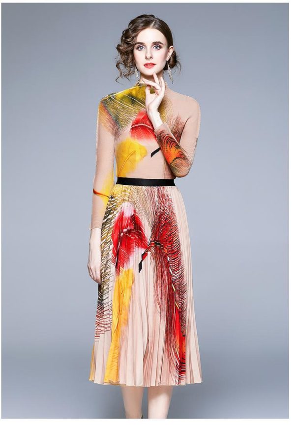 New Multicolor Printed Feather Pleated Skirt Set - Image 5