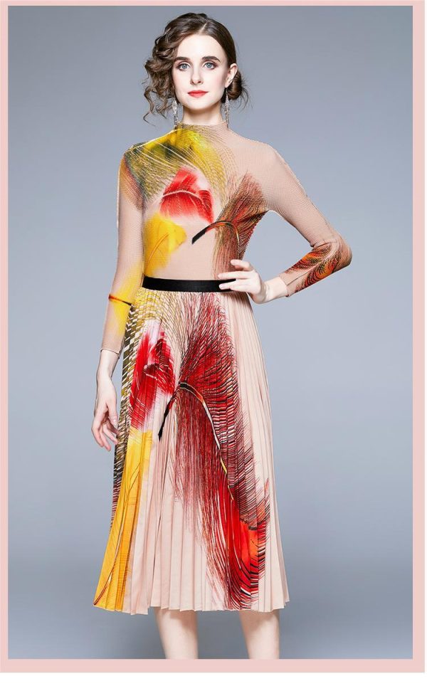 New Multicolor Printed Feather Pleated Skirt Set - Image 6