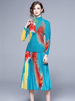 New Multicolor Printed Feather Pleated Skirt Set