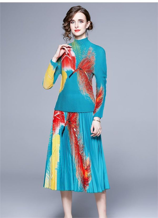 New Multicolor Printed Feather Pleated Skirt Set