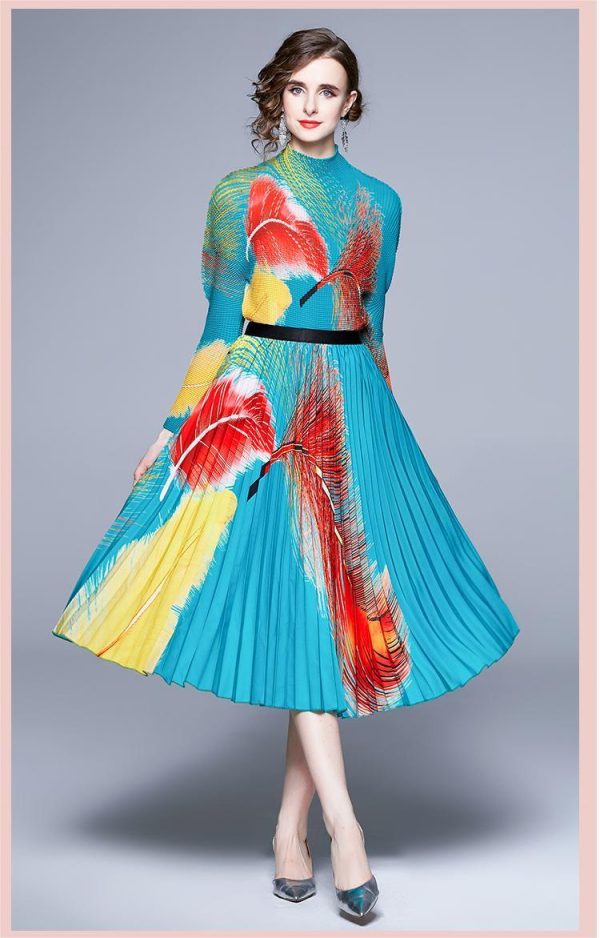 New Multicolor Printed Feather Pleated Skirt Set - Image 2