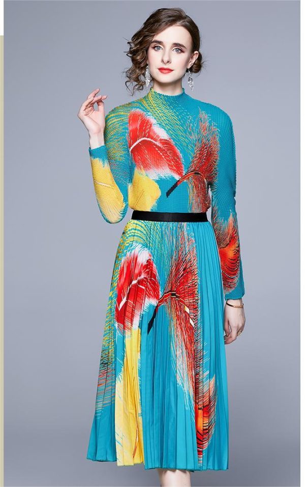 New Multicolor Printed Feather Pleated Skirt Set - Image 4