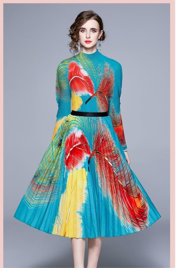 New Multicolor Printed Feather Pleated Skirt Set - Image 6