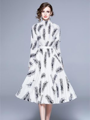 New Printed Multicolor Large Feather Pleated Skirt Suit: Two Piece Set Arrival