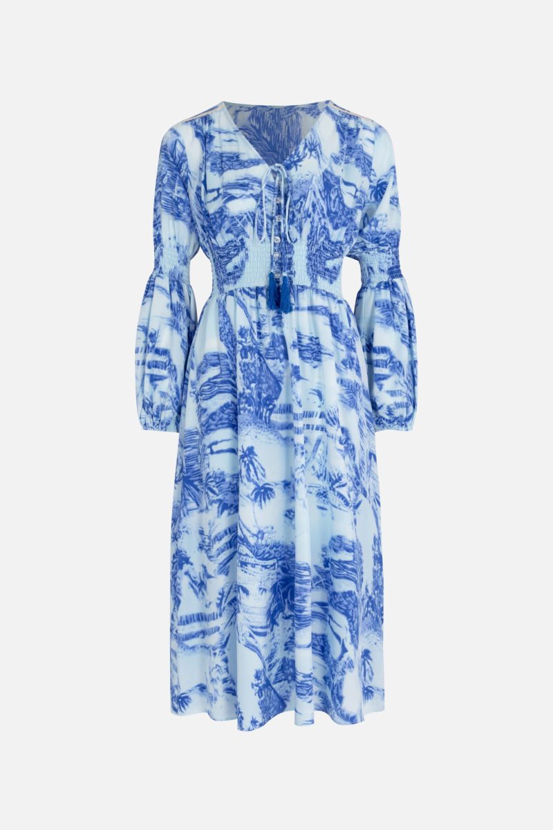 Effortless Elegance: Women's V-Neck Printed Smocked Tie A-Line Dress