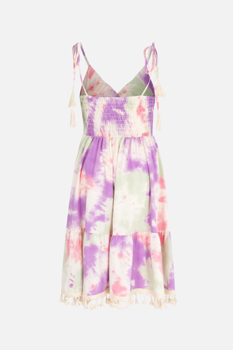 Summer Women's V-neck Tie Dye Lattice Trim Smocked Tie Fringe Daily Dress - Image 2