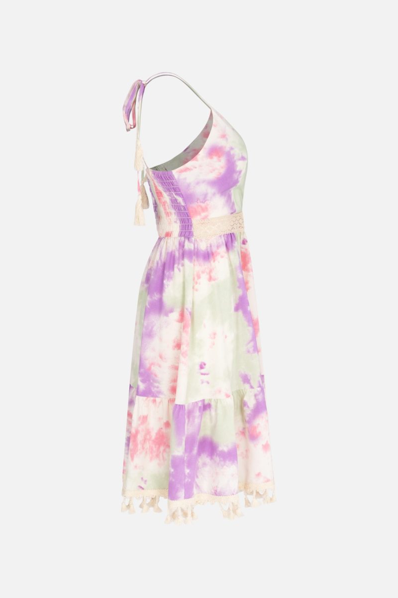 Summer Women's V-neck Tie Dye Lattice Trim Smocked Tie Fringe Daily Dress - Image 3