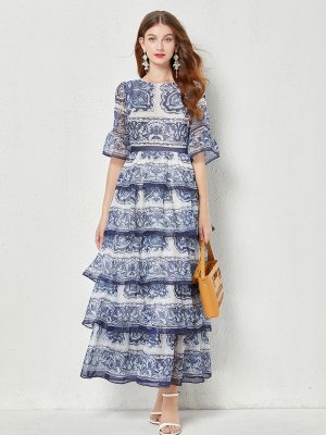 Summer Blue and White Porcelain Printed Dress: Flared Sleeve