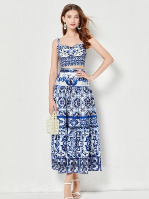 Summer Blue and White Porcelain Printed Strapless Two-Piece Set