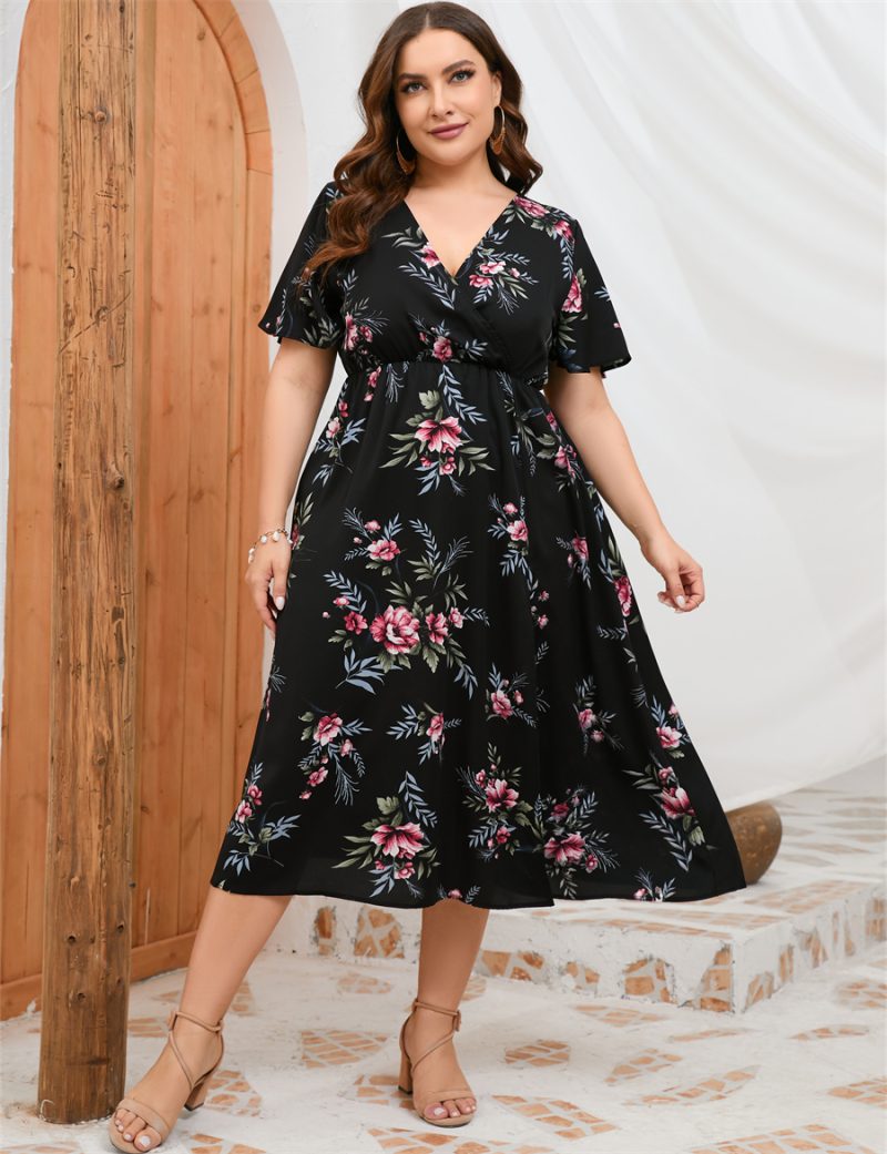 Summer Plus Size Dress: Short Sleeve Staggered Waist High Waist Front Split Dress - Image 2