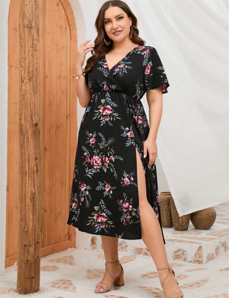 Summer Plus Size Dress: Short Sleeve Staggered Waist High Waist Front Split Dress - Image 3