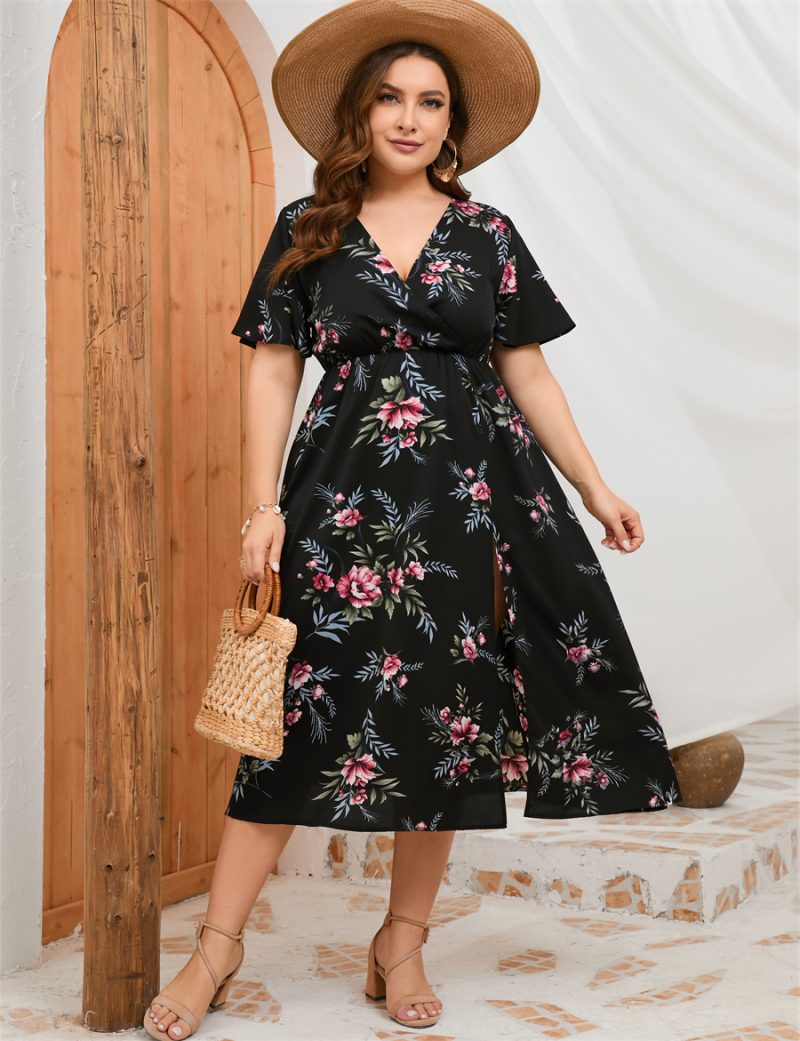 Summer Plus Size Dress: Short Sleeve Staggered Waist High Waist Front Split Dress - Image 4