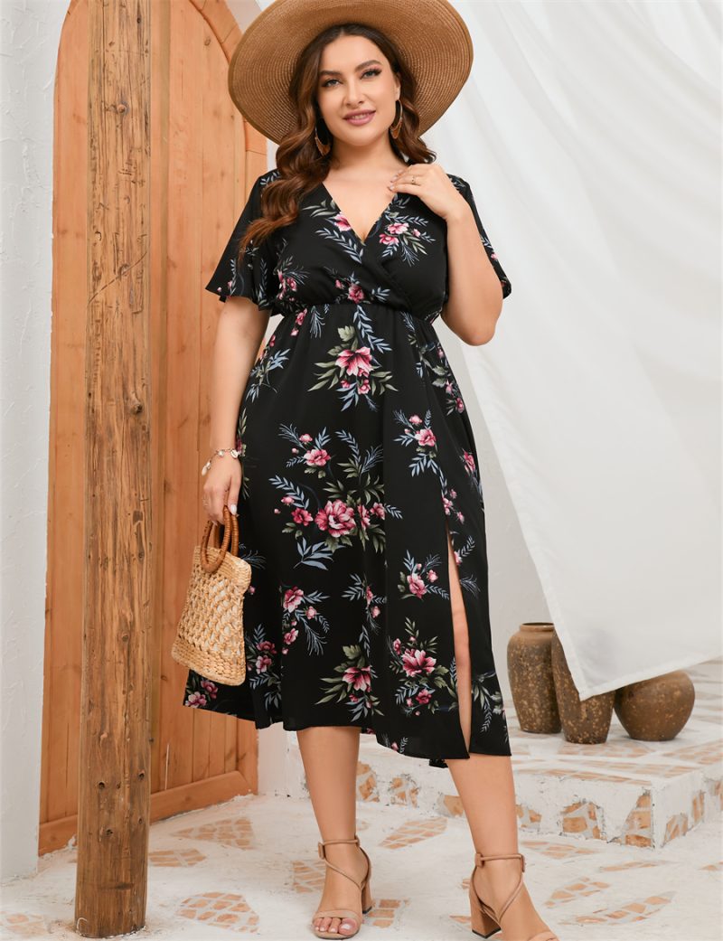 Summer Plus Size Dress: Short Sleeve Staggered Waist High Waist Front Split Dress - Image 5