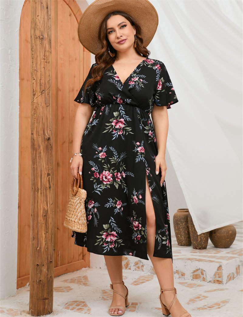 Summer Plus Size Dress: Short Sleeve Staggered Waist High Waist Front Split Dress - Image 6