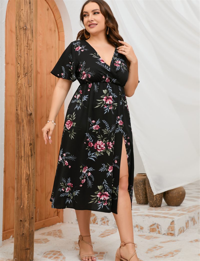 Summer Plus Size Dress: Short Sleeve Staggered Waist High Waist Front Split Dress - Image 7
