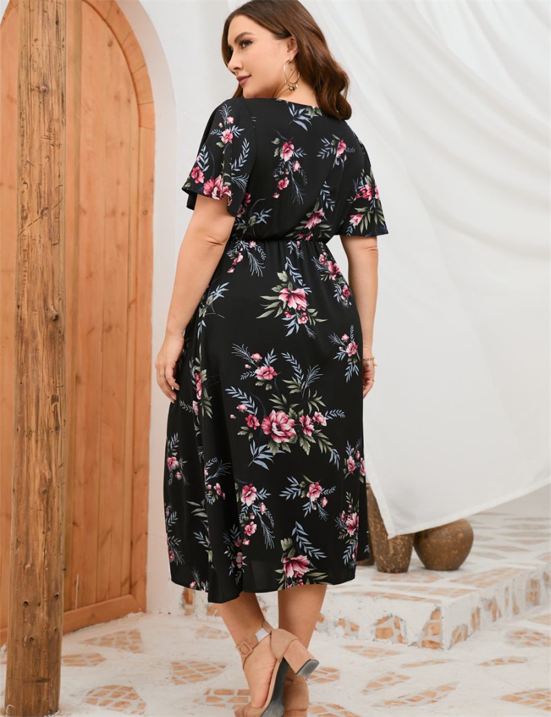 Summer Plus Size Dress: Short Sleeve Staggered Waist High Waist Front Split Dress - Image 8