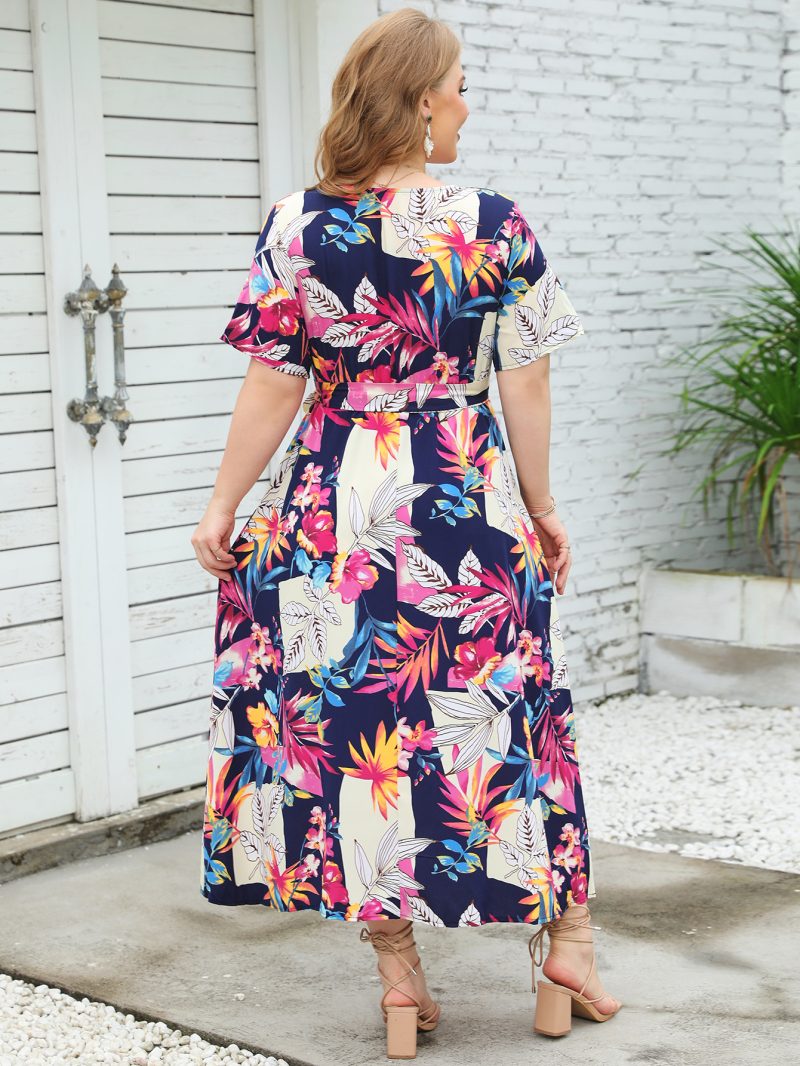 Summer Short Sleeve V-neck Floral Print Dress: Super Slim Fit Long Dress for Plus Size Women - Image 8