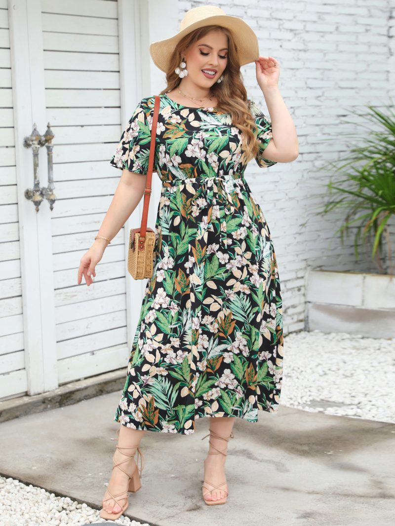 New Summer Round Neck Short Sleeve Colorful Dress with Elastic Waist, Long Length for Plus Size Women - Image 4