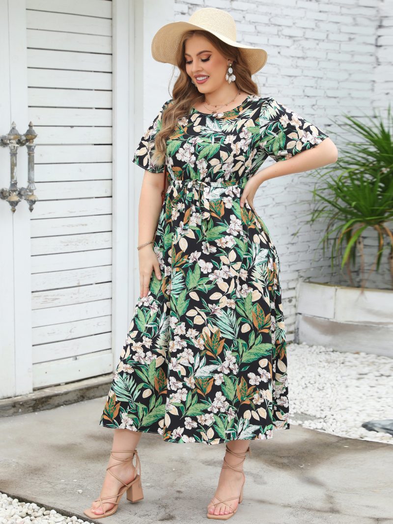 New Summer Round Neck Short Sleeve Colorful Dress with Elastic Waist, Long Length for Plus Size Women - Image 6