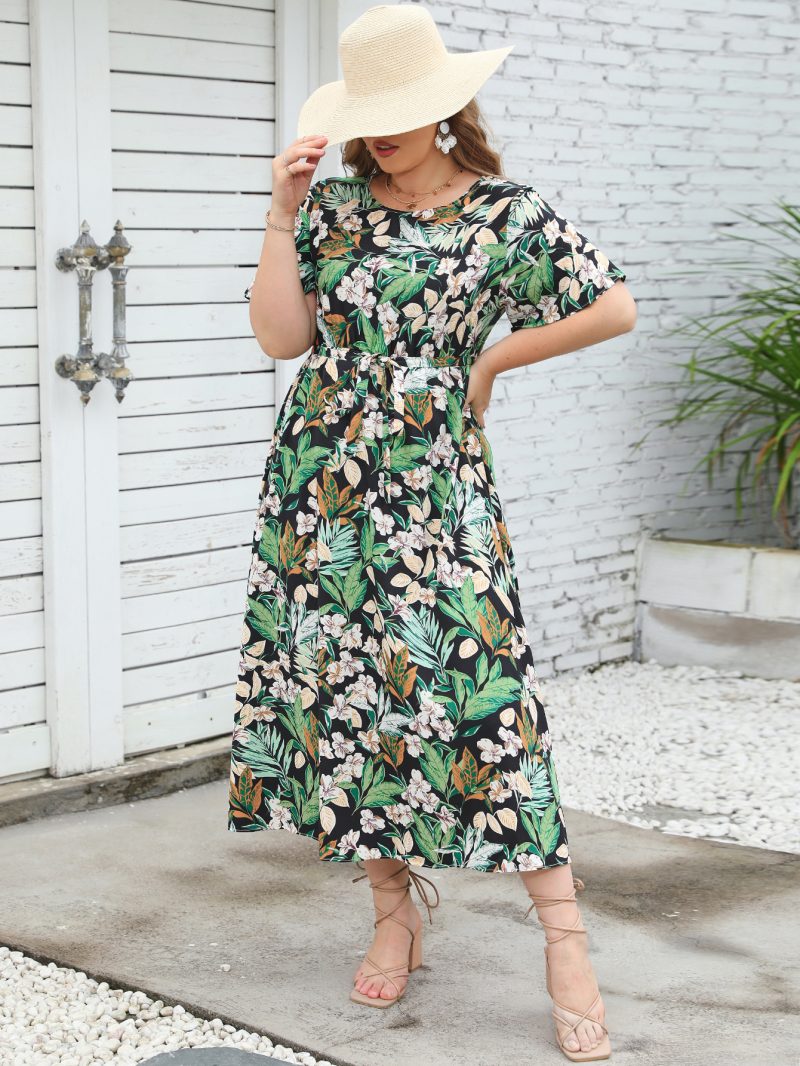 New Summer Round Neck Short Sleeve Colorful Dress with Elastic Waist, Long Length for Plus Size Women - Image 7