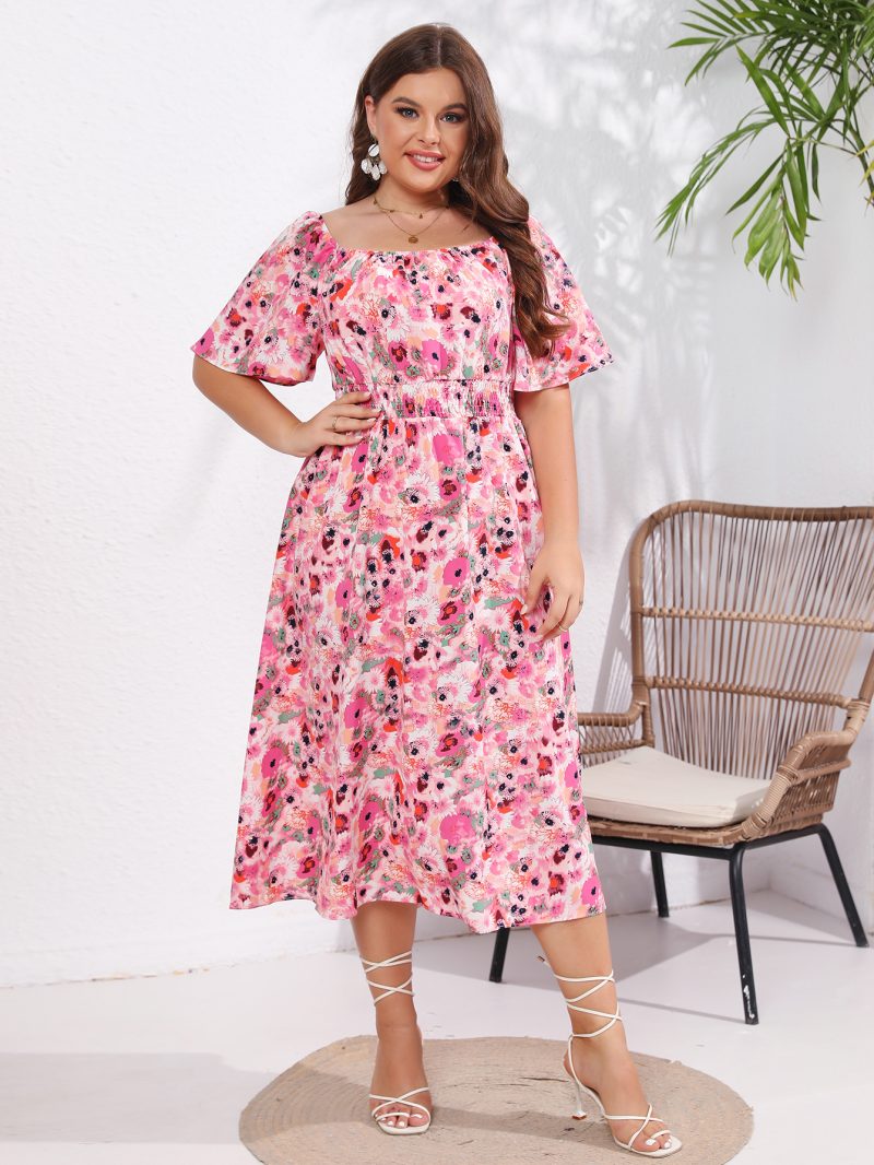 New Summer Short Sleeve Square Neck Super Slim Fit Mid-length Dress for Plus Size Women - Image 2