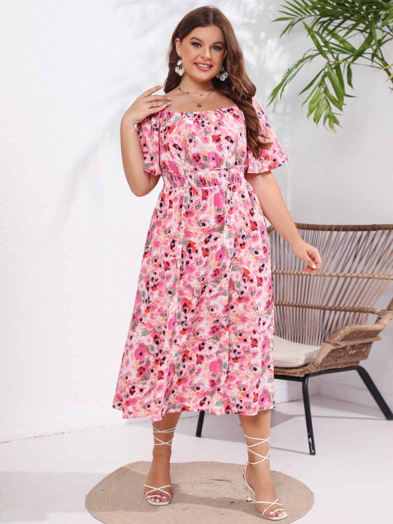 New Summer Short Sleeve Square Neck Super Slim Fit Mid-length Dress for Plus Size Women - Image 3
