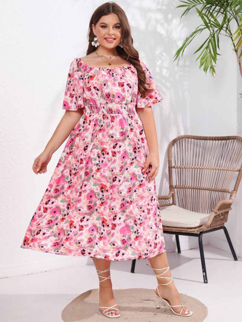 New Summer Short Sleeve Square Neck Super Slim Fit Mid-length Dress for Plus Size Women - Image 4
