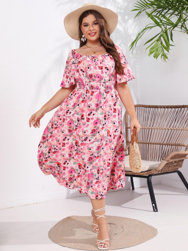 New Summer Short Sleeve Square Neck Super Slim Fit Mid-length Dress for Plus Size Women - Image 6