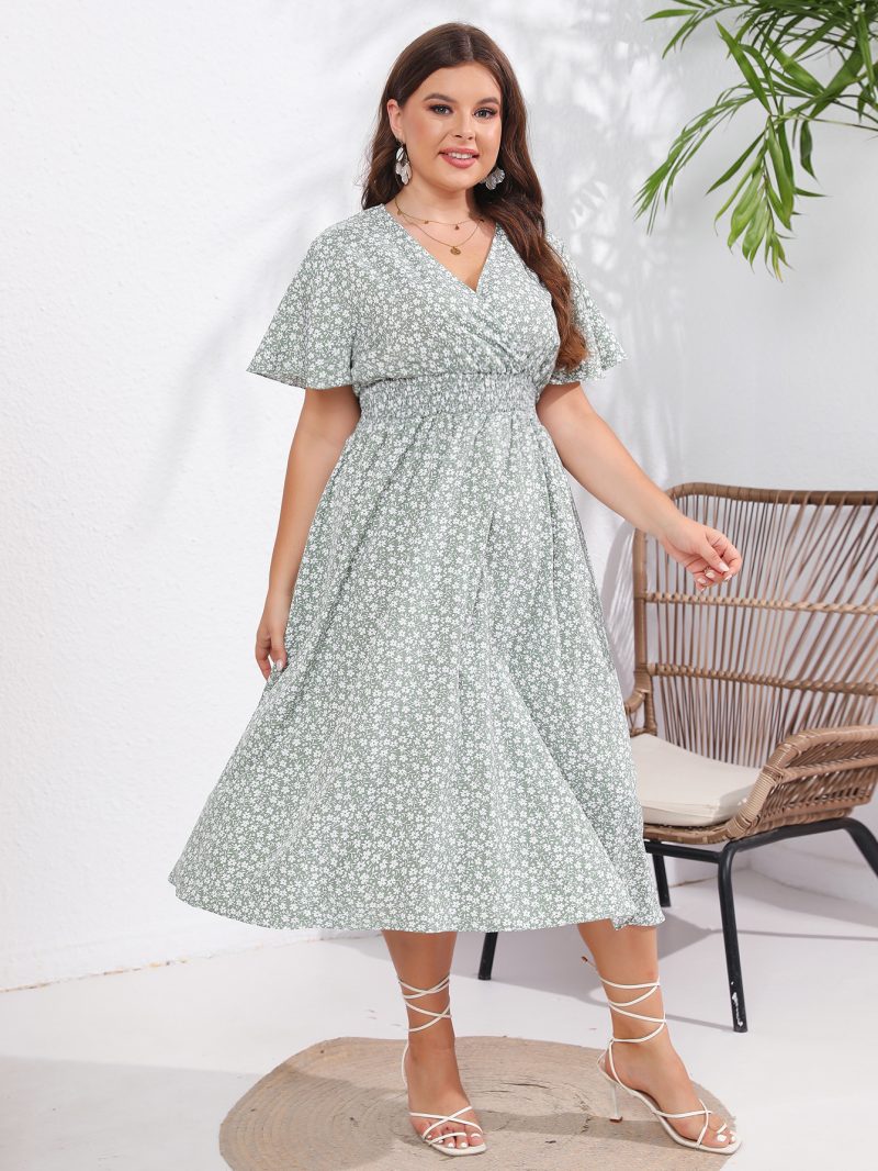 Women's V Neck Slim Fit Elegant Short Sleeve Mid-Length Summer Dress - Image 2