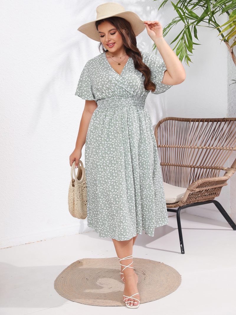 Women's V Neck Slim Fit Elegant Short Sleeve Mid-Length Summer Dress - Image 3