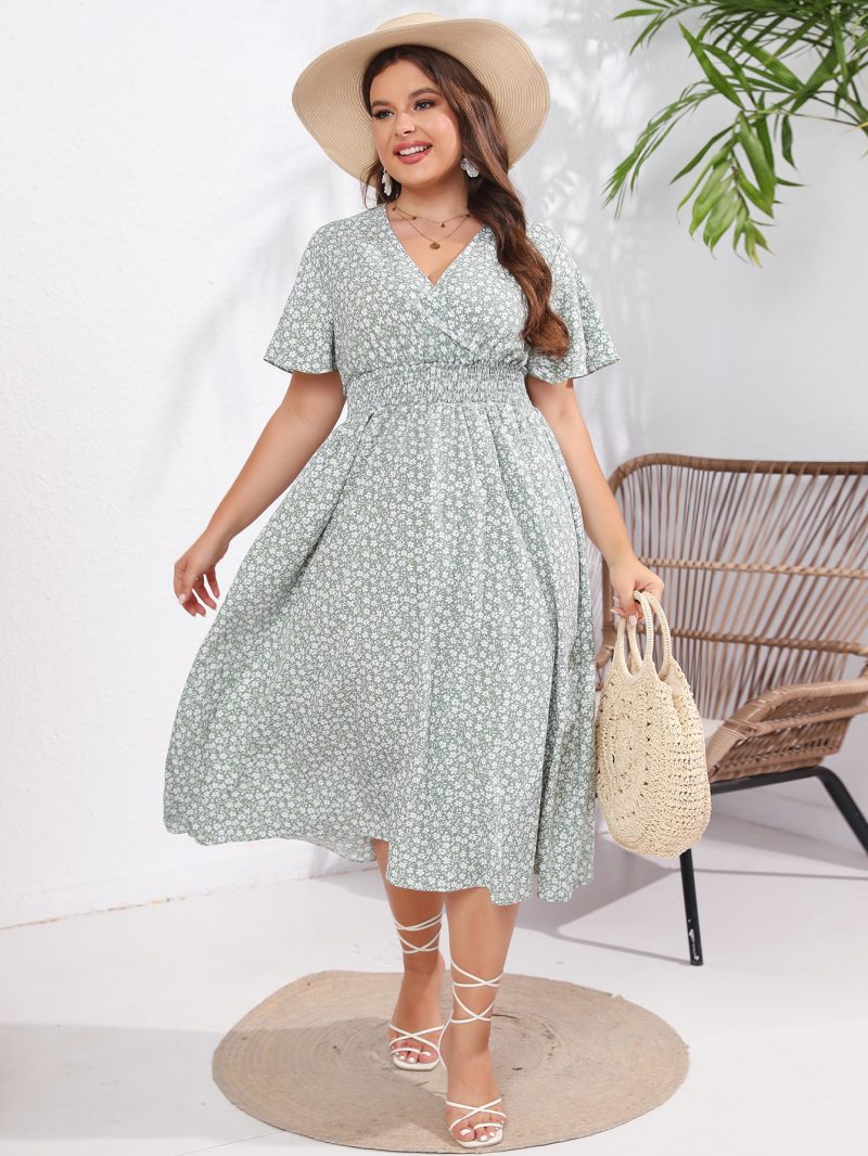 Women's V Neck Slim Fit Elegant Short Sleeve Mid-Length Summer Dress - Image 4