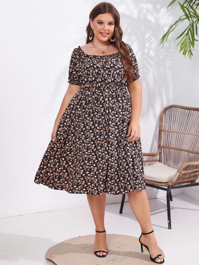 Summer New Square Neck Bubble Sleeve Ruffled Short Sleeve Sweet Dress for Plus Size Women - Image 2