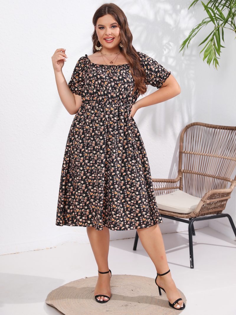 Summer New Square Neck Bubble Sleeve Ruffled Short Sleeve Sweet Dress for Plus Size Women - Image 4