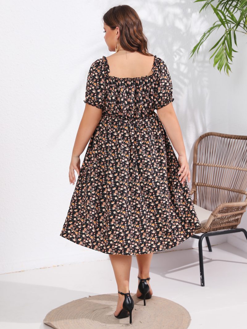 Summer New Square Neck Bubble Sleeve Ruffled Short Sleeve Sweet Dress for Plus Size Women - Image 7