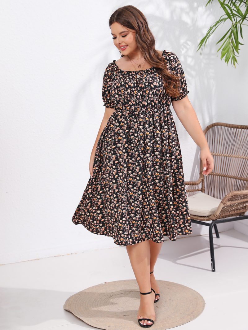 Summer New Square Neck Bubble Sleeve Ruffled Short Sleeve Sweet Dress for Plus Size Women - Image 8