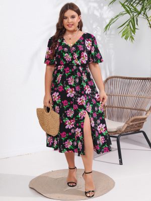 Summer New Floral Mid-length Front Split Flying Sleeve Dress for Plus Size Women