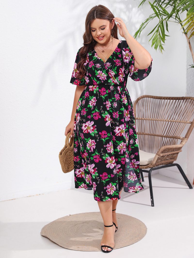 Summer New Floral Mid-length Front Split Flying Sleeve Dress for Plus Size Women - Image 2