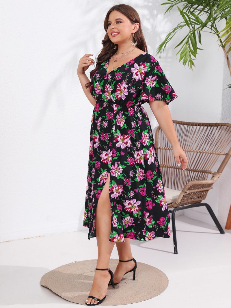 Summer New Floral Mid-length Front Split Flying Sleeve Dress for Plus Size Women - Image 3