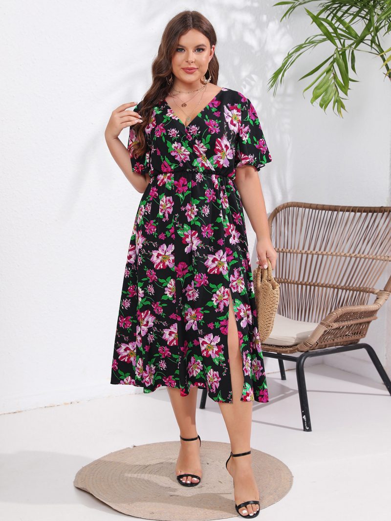 Summer New Floral Mid-length Front Split Flying Sleeve Dress for Plus Size Women - Image 4
