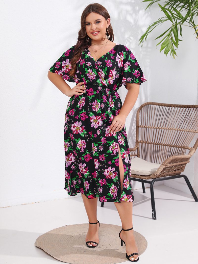 Summer New Floral Mid-length Front Split Flying Sleeve Dress for Plus Size Women - Image 6