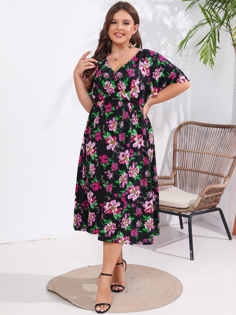 Summer New Floral Mid-length Front Split Flying Sleeve Dress for Plus Size Women - Image 7
